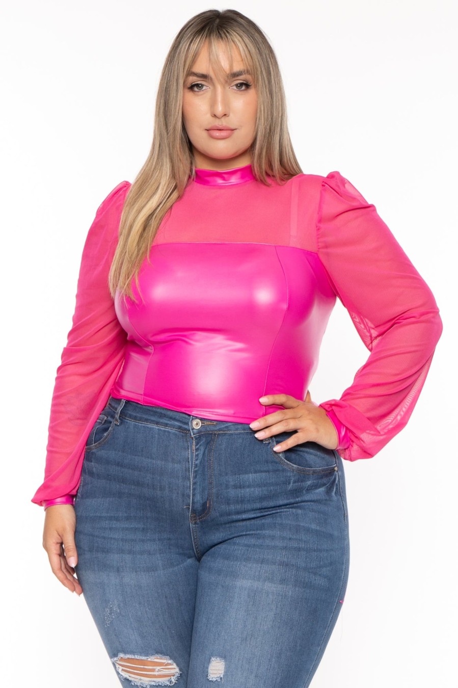 Tops Curvy Sense | Plus Size Charlotte Faux Leather Top Fuchsia