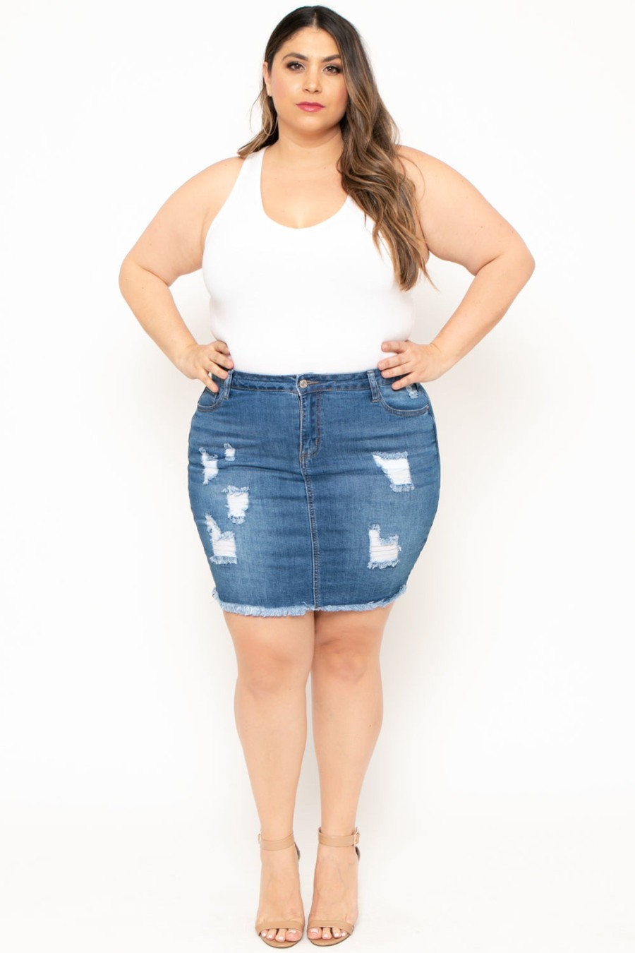 Jeans & Denim Wax Jean | Plus Size Distressed Denim Mini Skirt Medium Wash