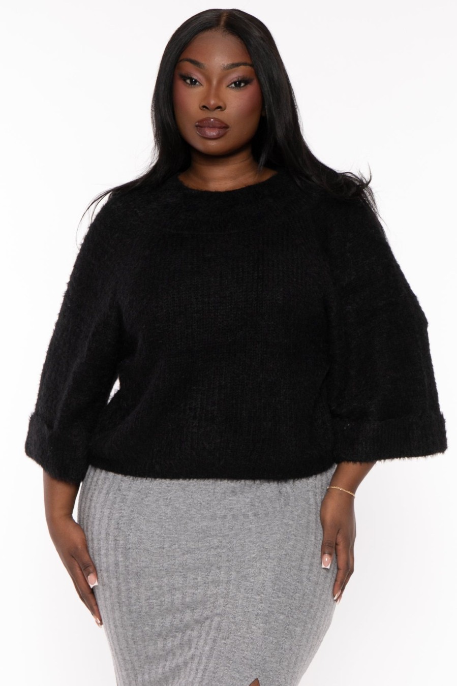 Tops Sweet Generis | Plus Size Kyrah Fuzzy Sweater Black