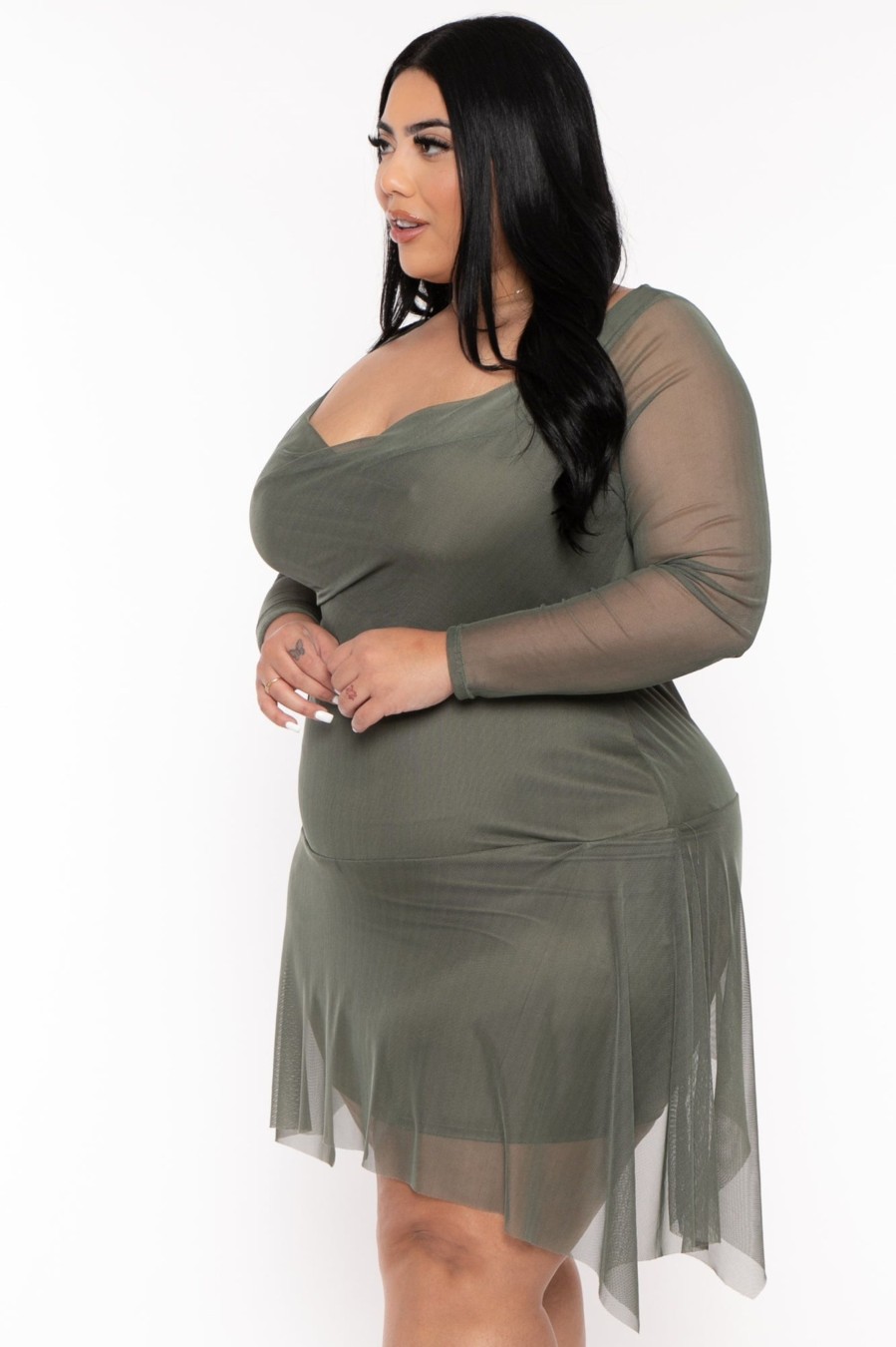 Dresses Curvy Sense | Plus Size Damira Mesh Flare Dress Olive