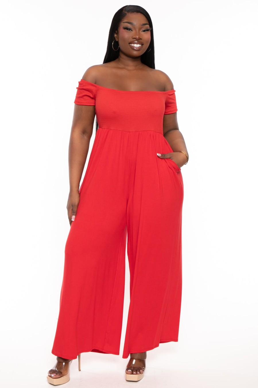 Jumpsuits & Rompers Curvy Sense | Plus Size Eileen Off The Shoulder Jumpsuit Red