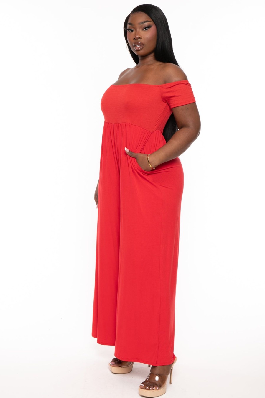 Jumpsuits & Rompers Curvy Sense | Plus Size Eileen Off The Shoulder Jumpsuit Red