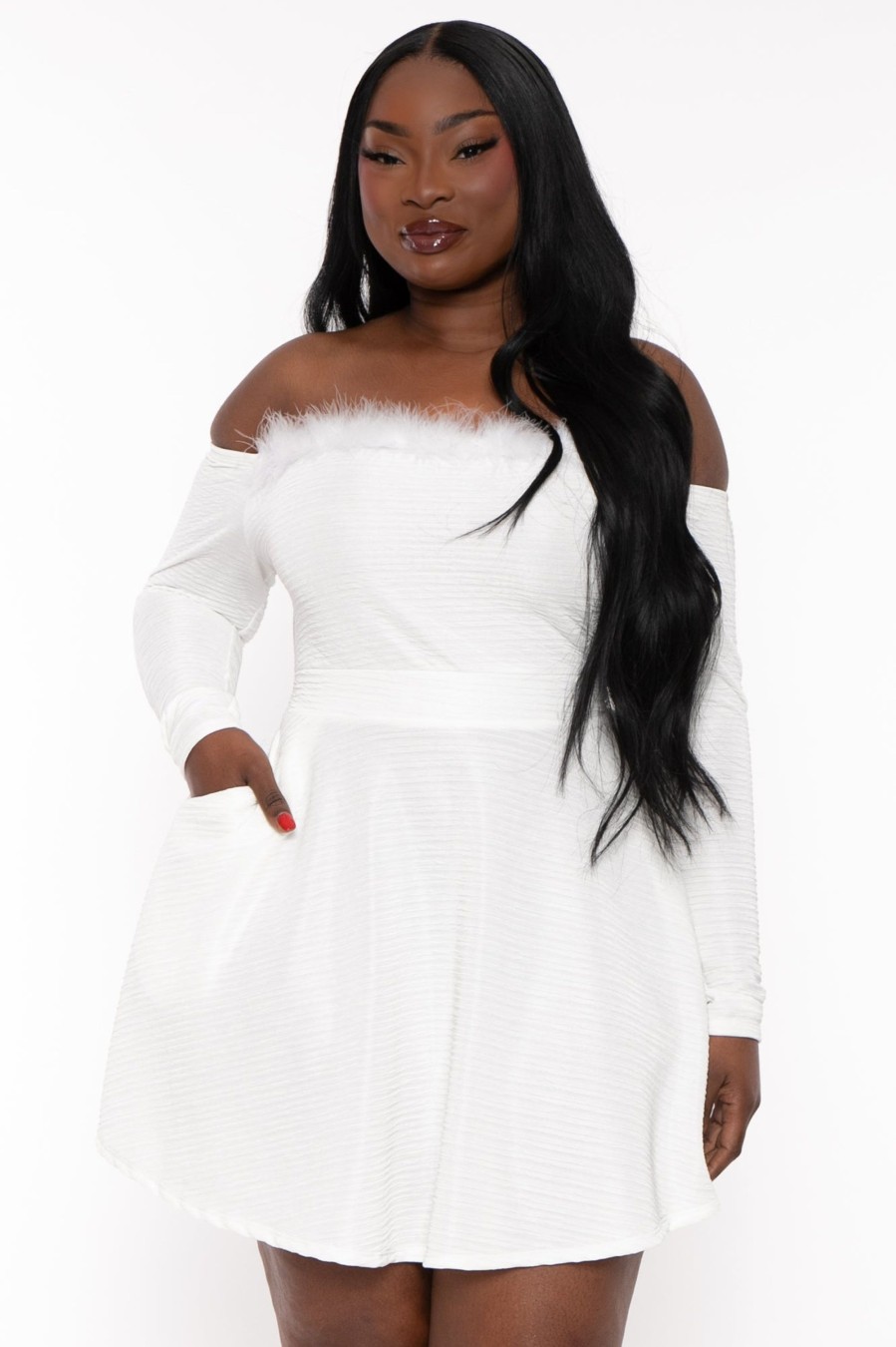 Dresses Curvy Sense | Plus Size Vivian Boa Flare Dress White