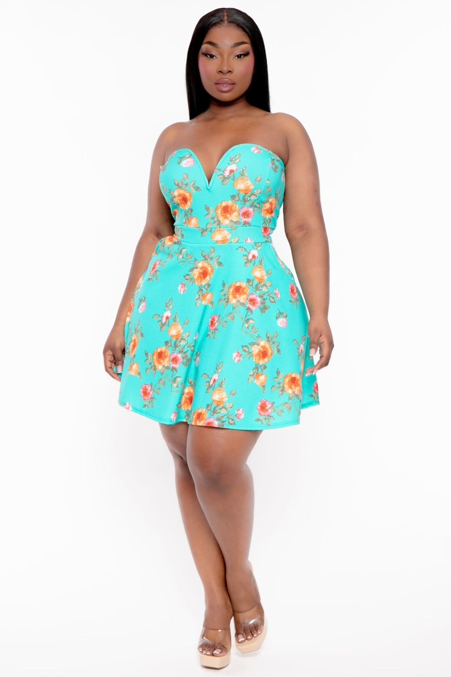 Dresses Curvy Sense | Plus Size Amaryllis Floral Flare Dress Green