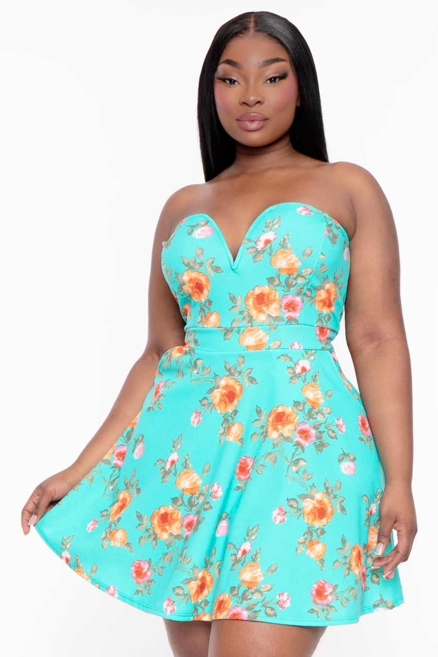 Dresses Curvy Sense | Plus Size Amaryllis Floral Flare Dress Green