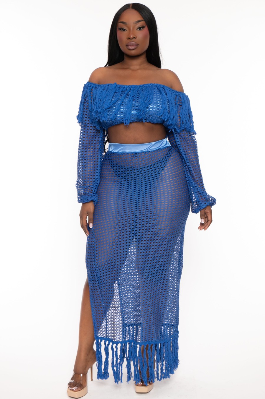 Matching Sets CHICCTHY TOP | Plus Size Haley Fringe 2Pc Matching Set Blue