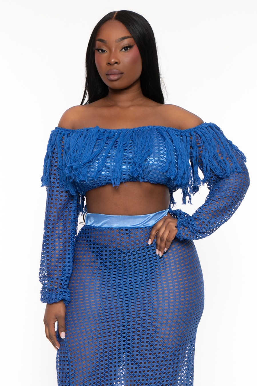 Matching Sets CHICCTHY TOP | Plus Size Haley Fringe 2Pc Matching Set Blue