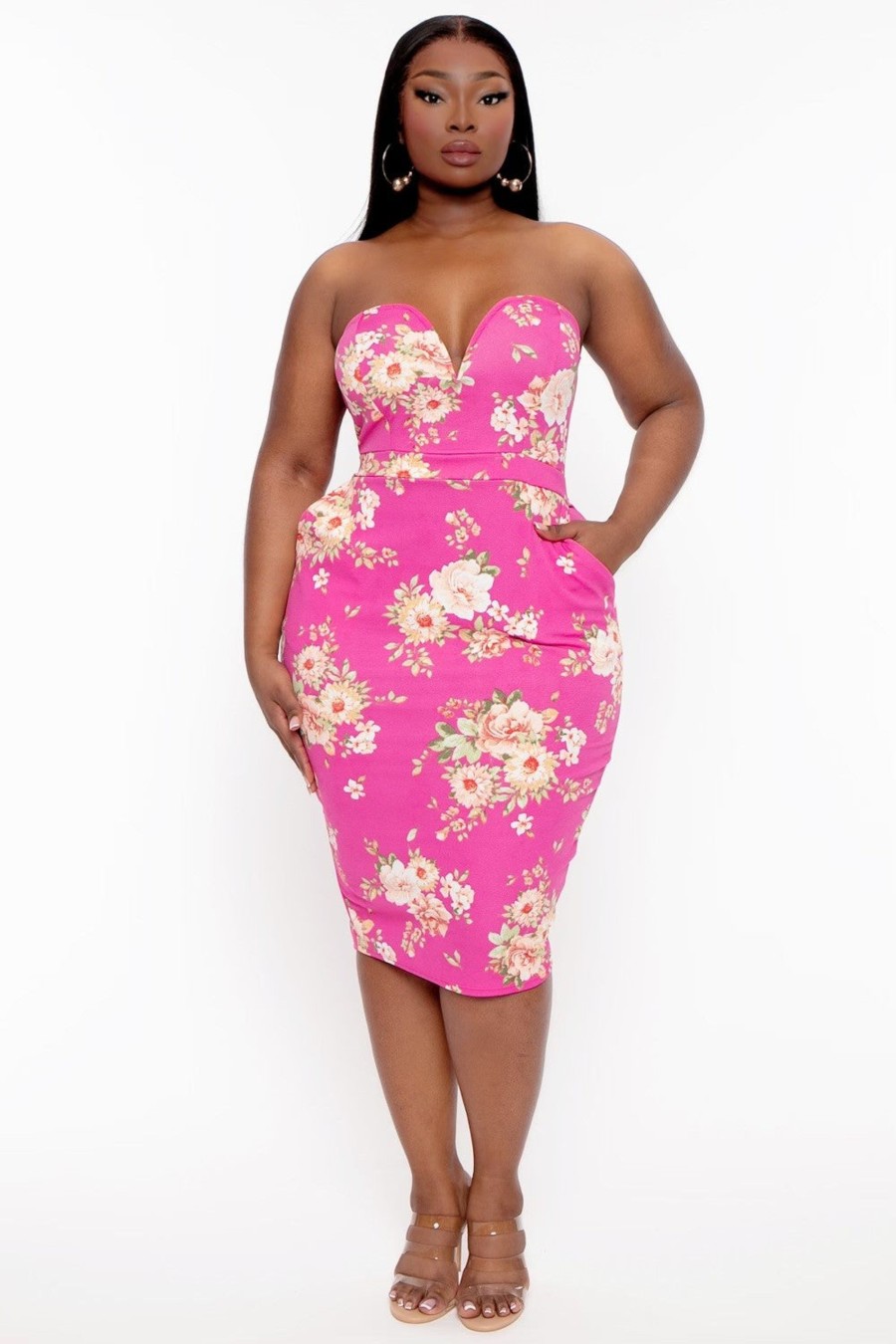 Dresses Curvy Sense | Plus Size Floral Print Bodycon Dress Hot Pink