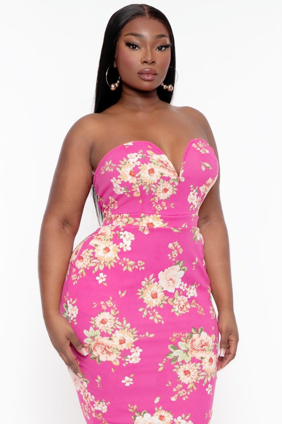 Dresses Curvy Sense | Plus Size Floral Print Bodycon Dress Hot Pink