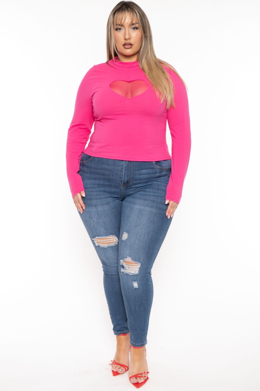 Tops Curvy Sense | Plus Size Lovey Heart Cut Out Top Fuchsia