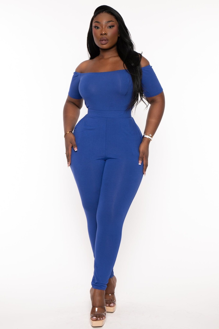 Jumpsuits & Rompers Curvy Sense | Plus Size Luisa Off The Shoulder Jumpsuit Blue