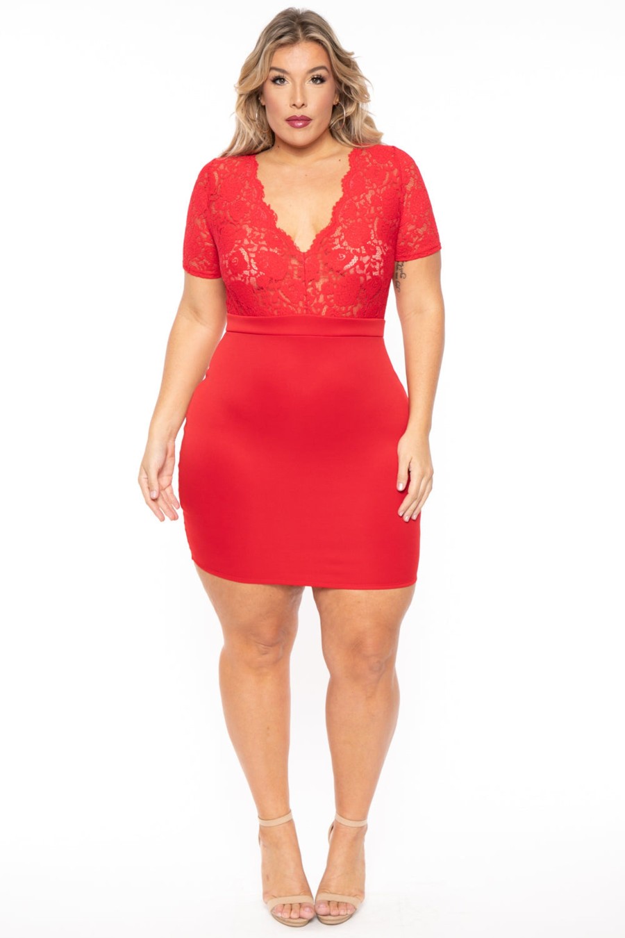 Dresses Curvy Sense | Plus Size Lace Top Dress Red