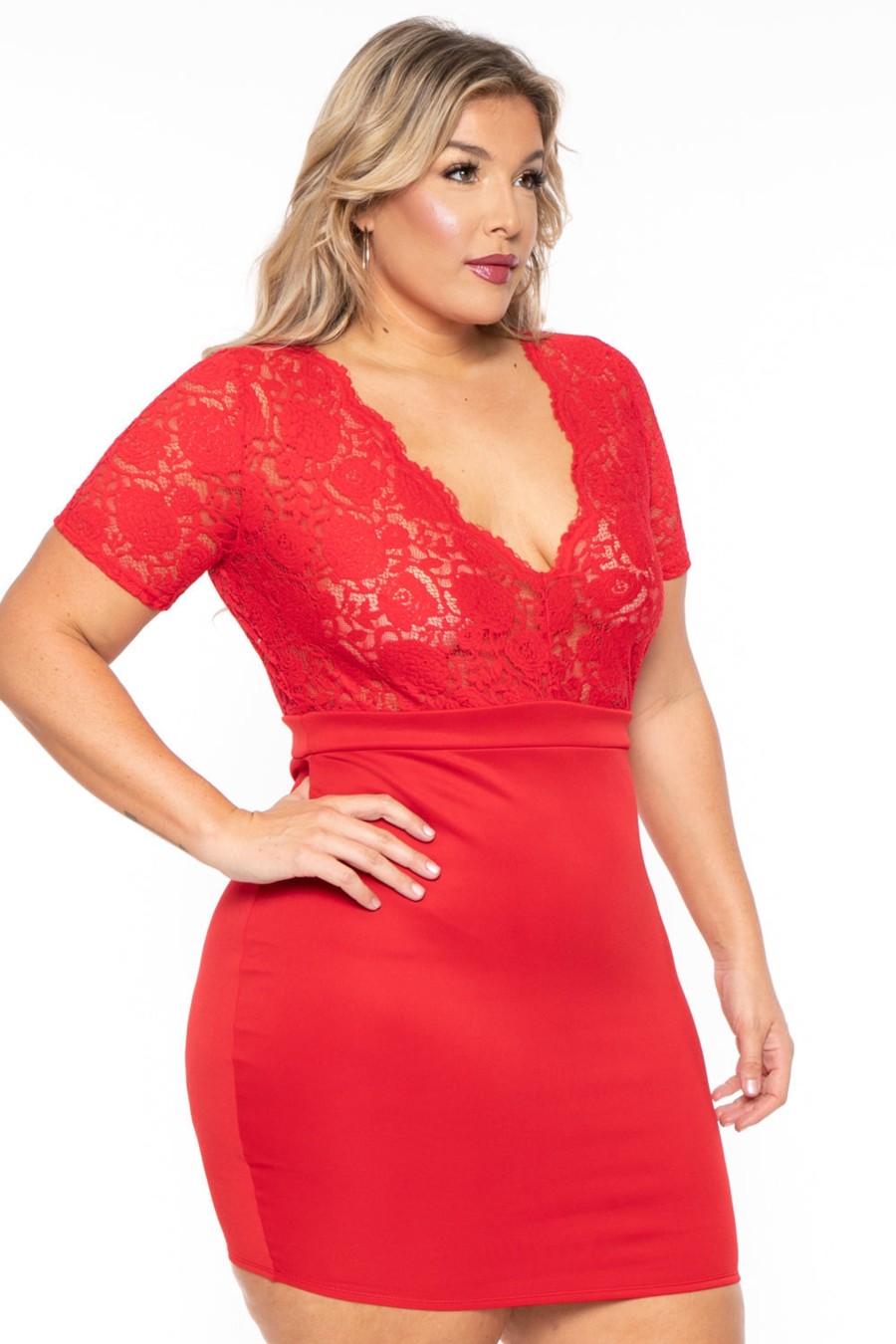 Dresses Curvy Sense | Plus Size Lace Top Dress Red