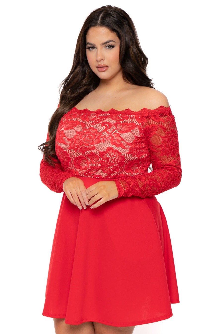 Dresses Curvy Sense | Plus Size Minnie Lace Top Flare Dress Red