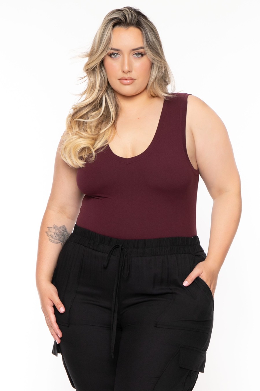 Tops Rae mode | Plus Size Basic V-Neck Bodysuit Plum