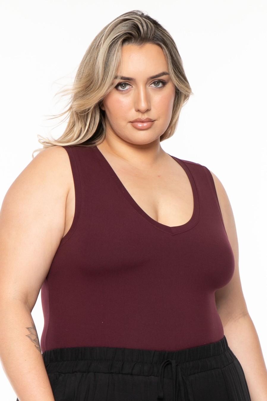 Tops Rae mode | Plus Size Basic V-Neck Bodysuit Plum