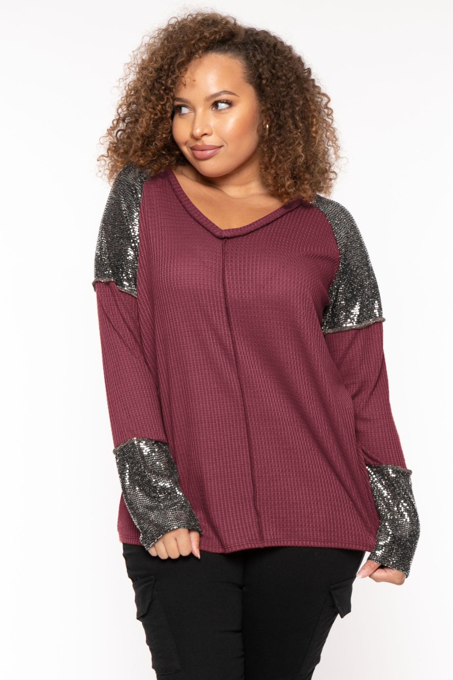 Tops Heimish | Plus Size Glenda Sequin Knit Top Burgundy