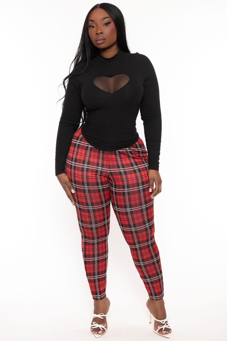 Bottoms Curvy Sense | Plus Size Lanney Plaid Leggings Red