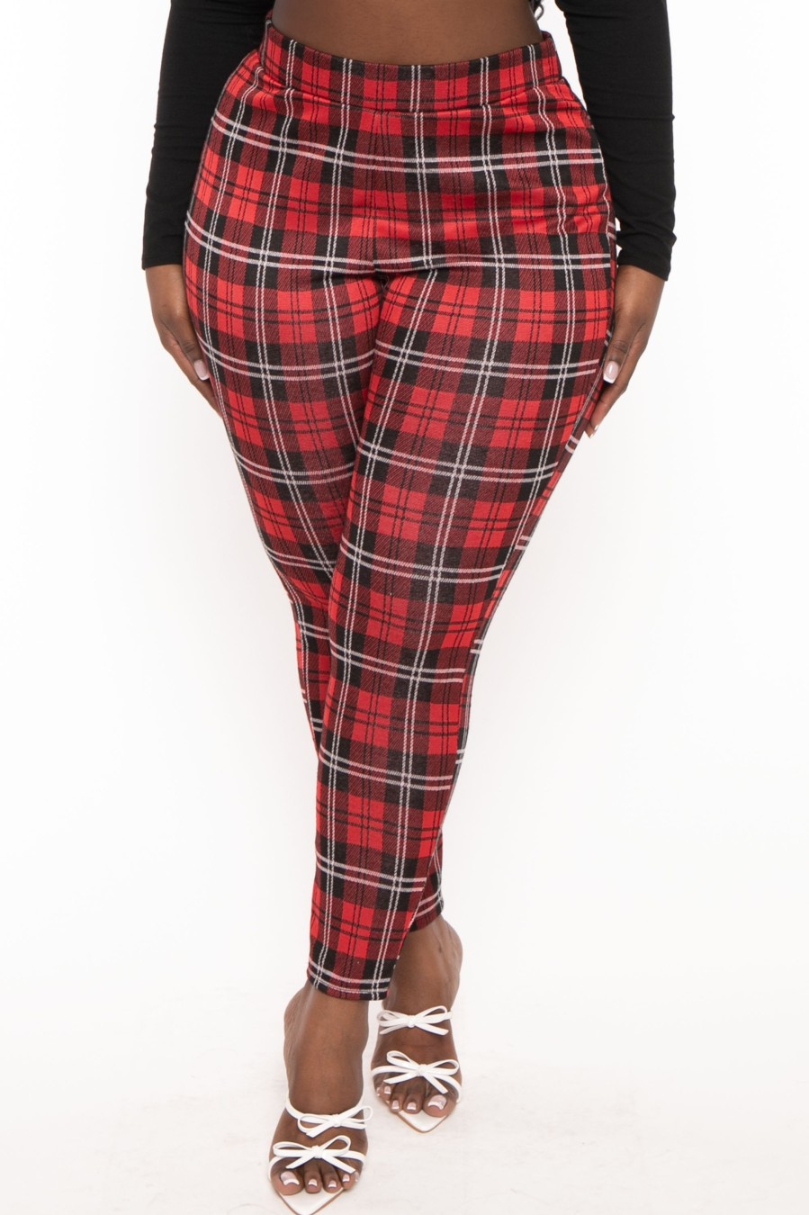 Bottoms Curvy Sense | Plus Size Lanney Plaid Leggings Red