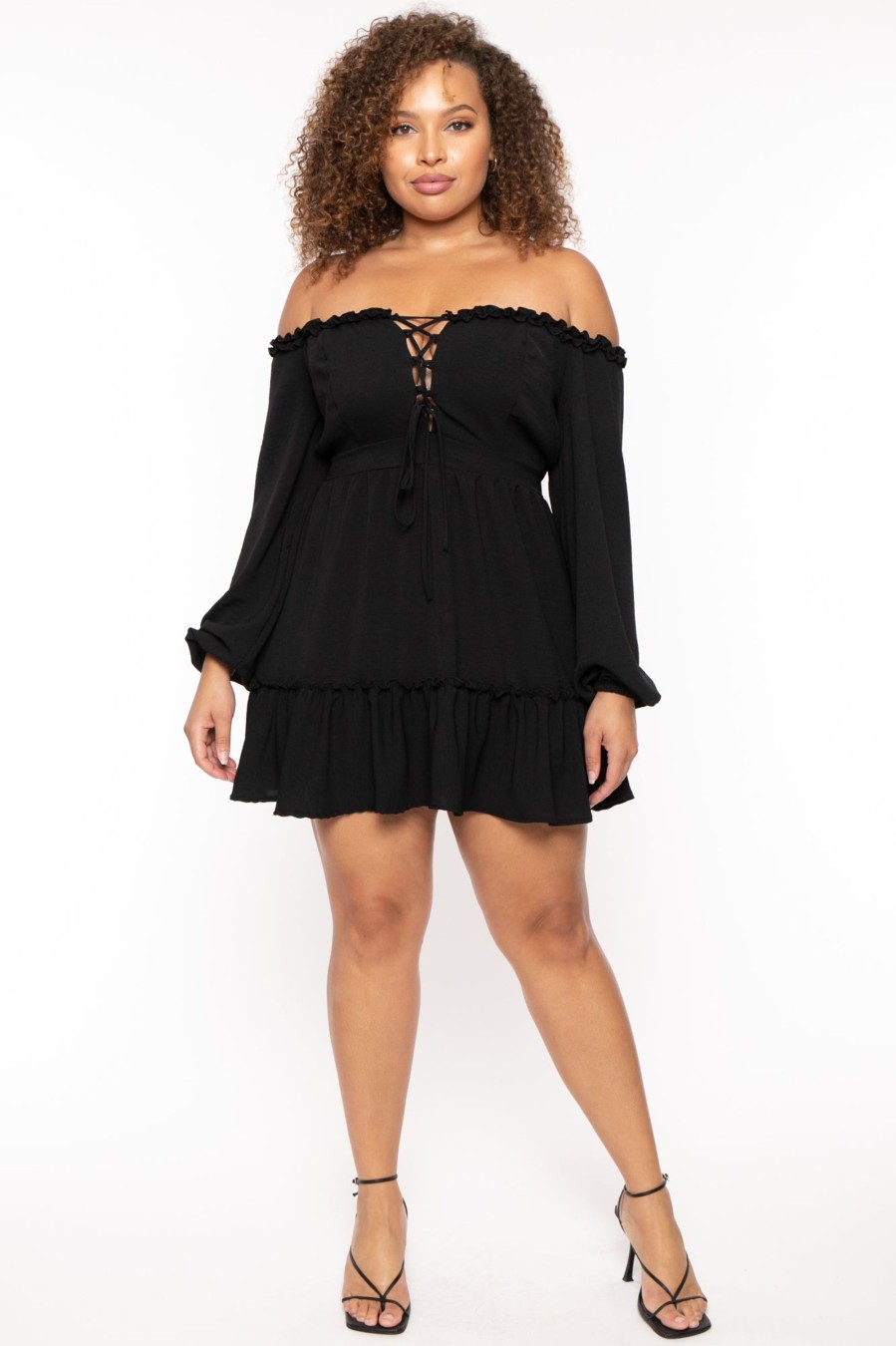 Little Black Styles Curvy Sense | Plus Size Adellia Lace Up Ruffle Dress Black