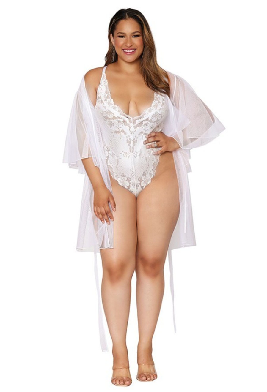 Intimates DOONA DI CAPRI | Plus Size Stretch Bride Mesh Robe And Bonded Stretch Lace Teddy Set White