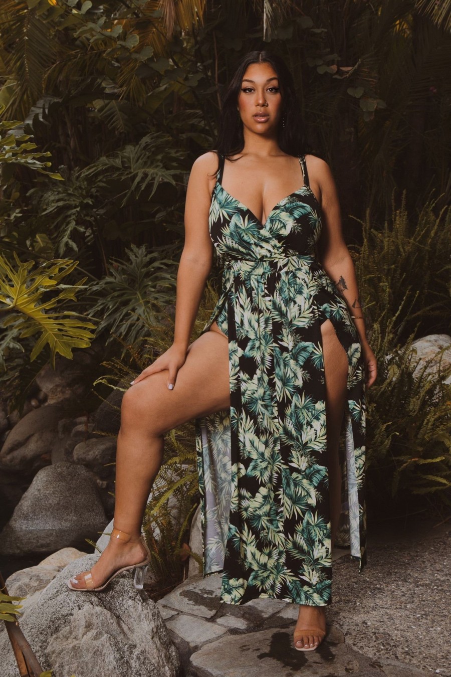 Dresses Curvy Sense | Plus Size Arianna M-Slit Tropical Maxi Dress Black