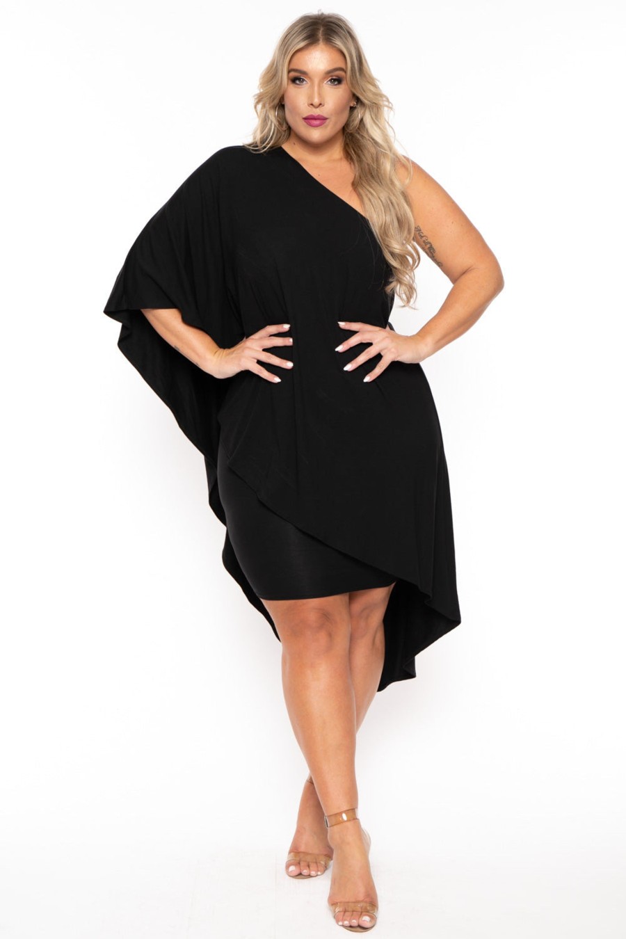 Dresses Curvy Sense | Plus Size Asymmetric Draped Dress Black