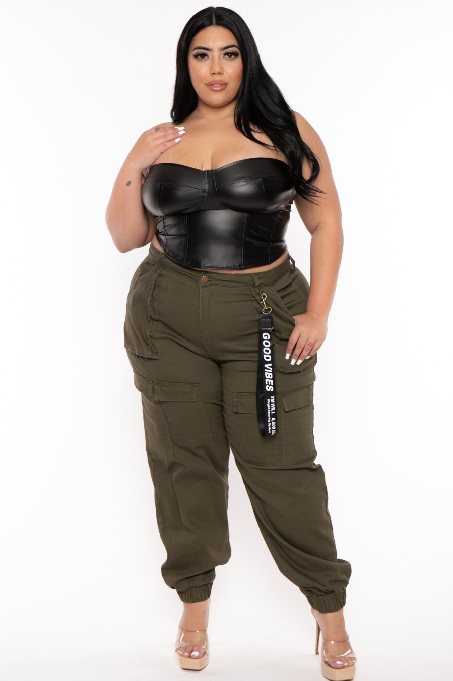 Bottoms American Bazi | Plus Size Good Vibes Multi Pockets Jogger Olive