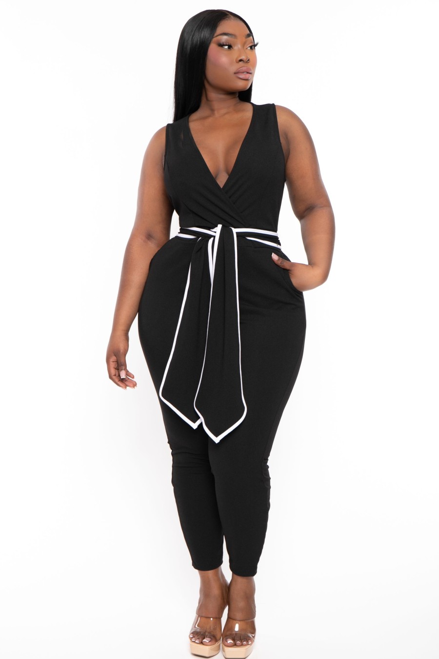 Little Black Styles Curvy Sense | Plus Size Marisa Front Tie Jumpsuit Black