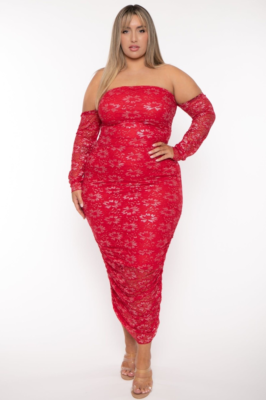 Dresses Curvy Sense | Plus Size Aaliyah Lurex Mesh Midi Dress Red