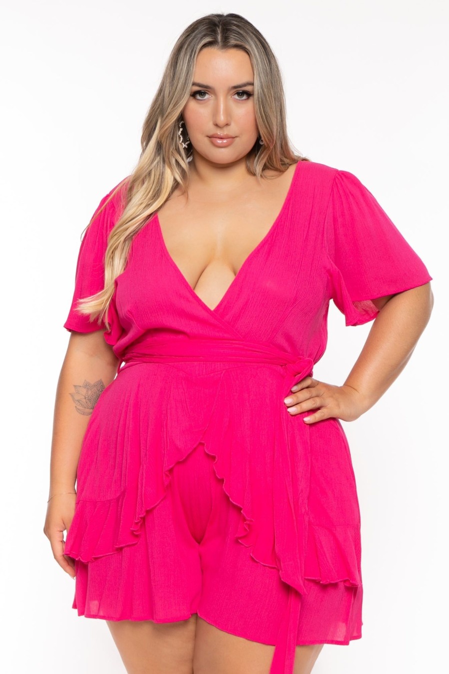 Jumpsuits & Rompers Curvy Sense | Plus Size Darcie Ruffle Romper Fuchsia