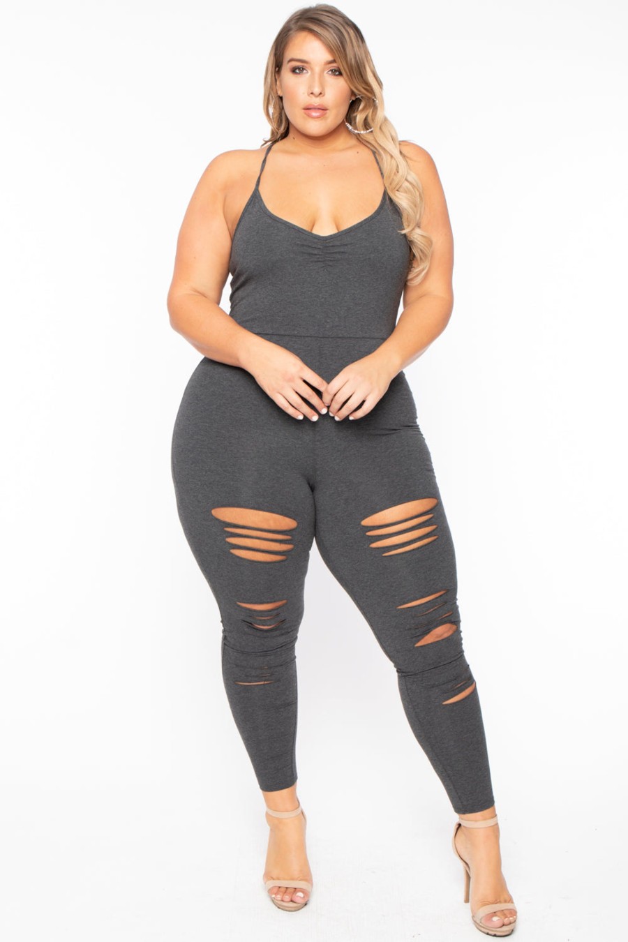 Jumpsuits & Rompers Curvy Sense | Plus Size Destroyed Catsuit Jumpsuit Charcoal