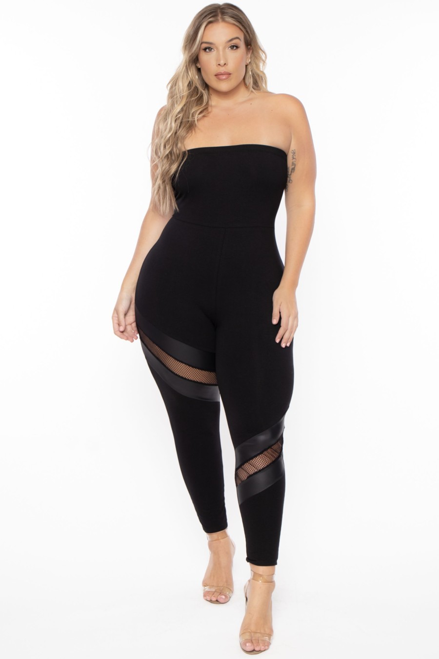 Jumpsuits & Rompers Curvy Sense | Plus Size Strapless Fishnet Jumpsuit Black