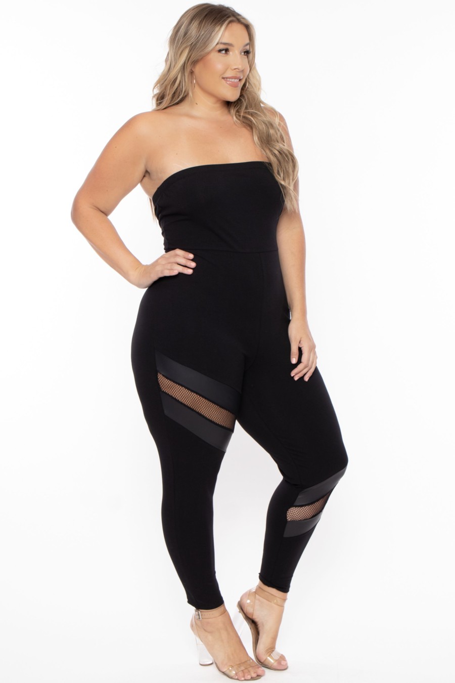 Jumpsuits & Rompers Curvy Sense | Plus Size Strapless Fishnet Jumpsuit Black