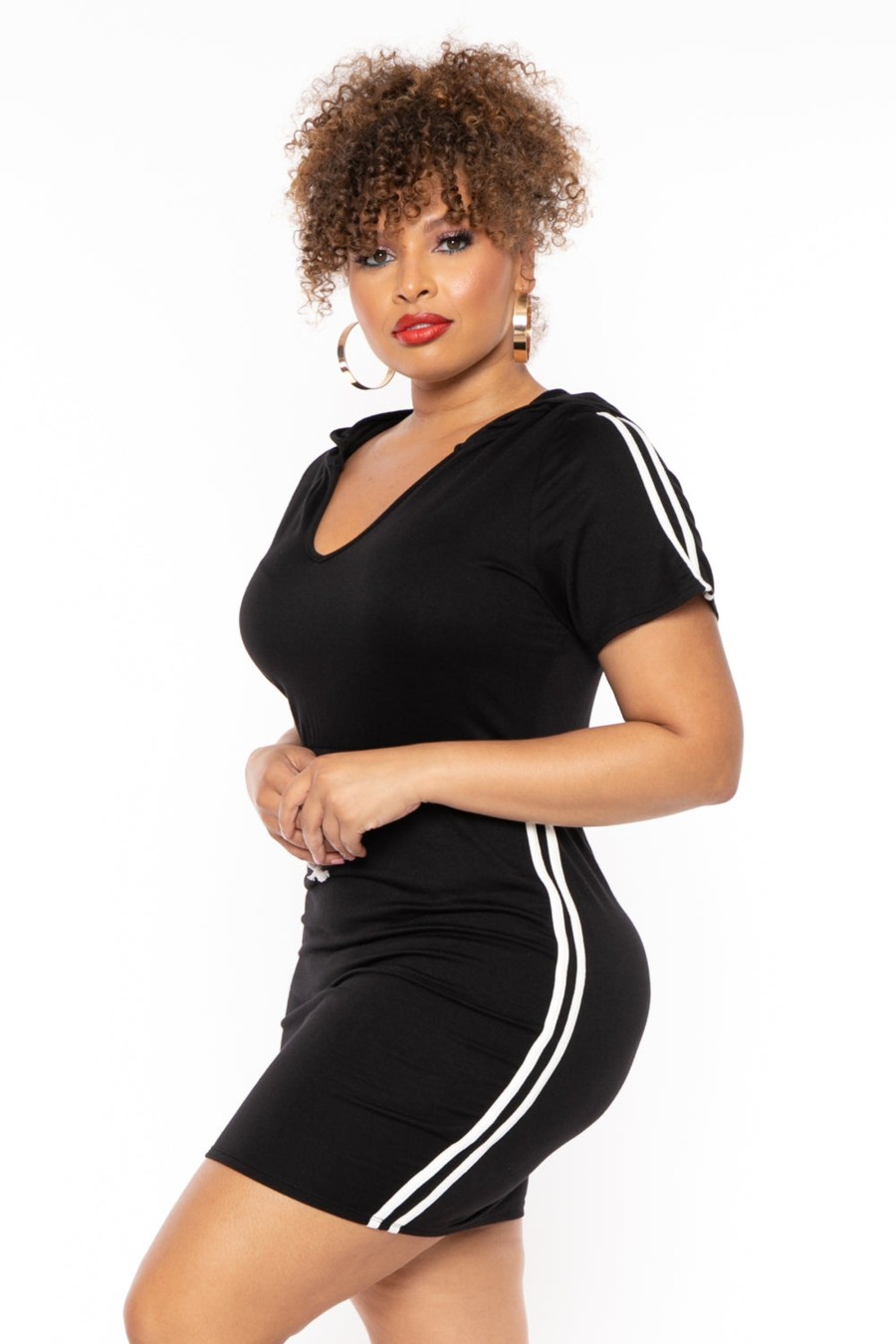 Dresses Curvy Sense | Plus Size Sporty Varsity Stripe Hoodie Dress Black