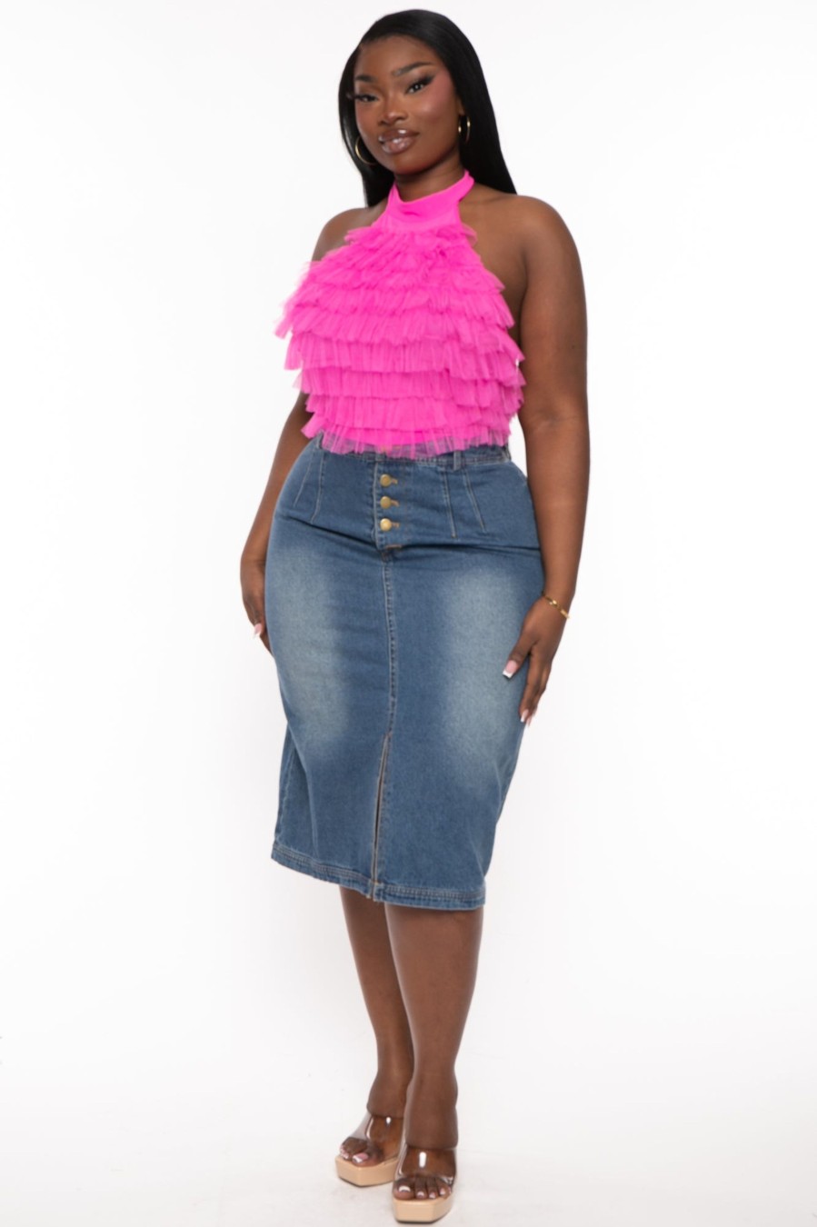 Bottoms Jade By Jane | Plus Size Denim Midi Skirt Blue