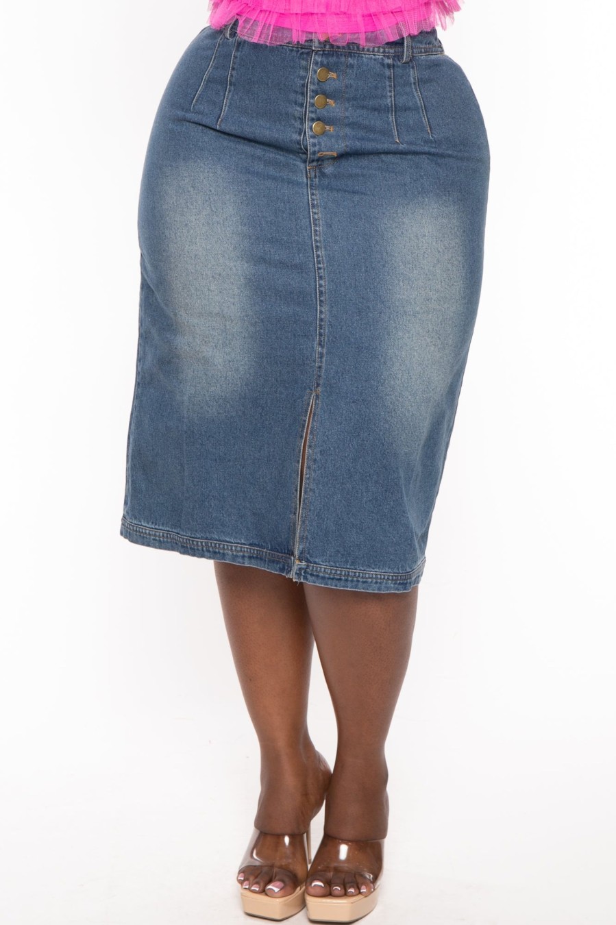 Bottoms Jade By Jane | Plus Size Denim Midi Skirt Blue