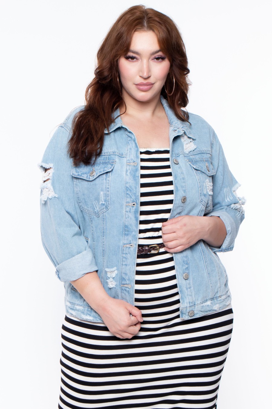 Outerwear Wax Jean | Plus Size Destroyed Denim Jacket Light Wash