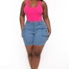 Bottoms American Bazi | Plus Size High Rise Cargo Denim Shorts Blue