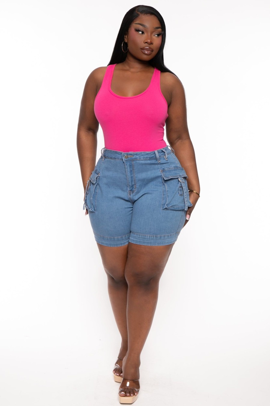 Bottoms American Bazi | Plus Size High Rise Cargo Denim Shorts Blue