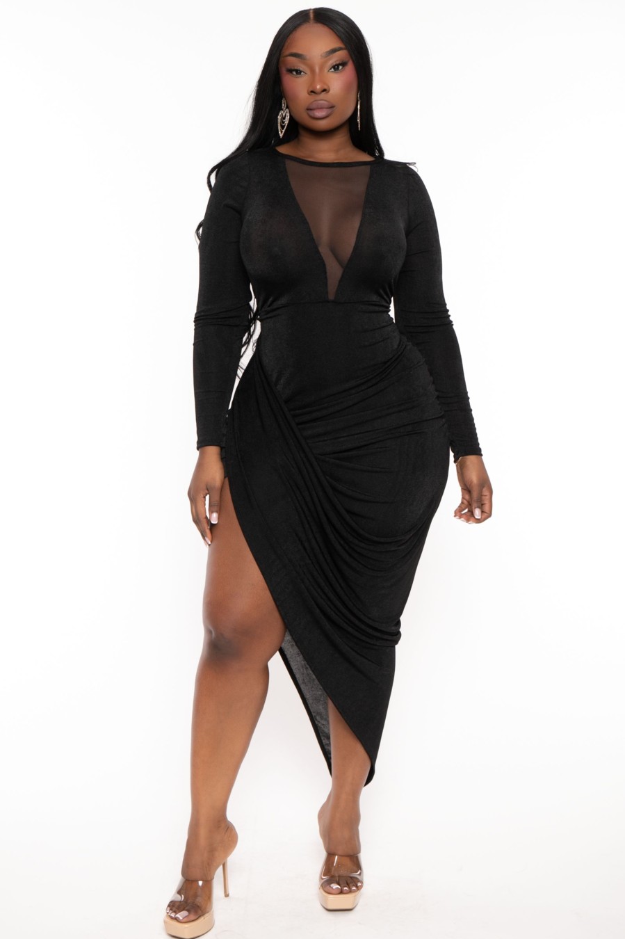 Little Black Styles Curvy Sense | Plus Size Maia Draped Midi Dress Black