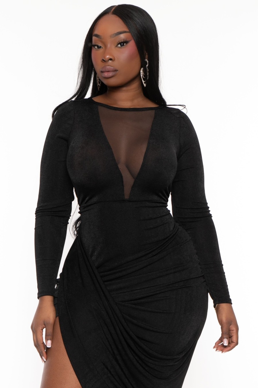 Little Black Styles Curvy Sense | Plus Size Maia Draped Midi Dress Black