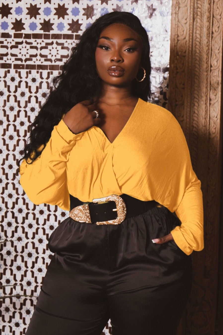 Tops CULTURE CODE | Plus Size Surplice Dolman Sleeve Bodysuit Yellow