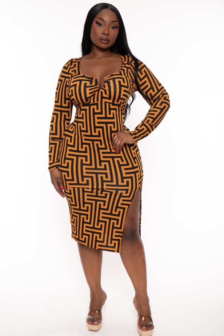 Dresses Curvy Sense | Plus Size Araseli Geometric Midi Dress Rust