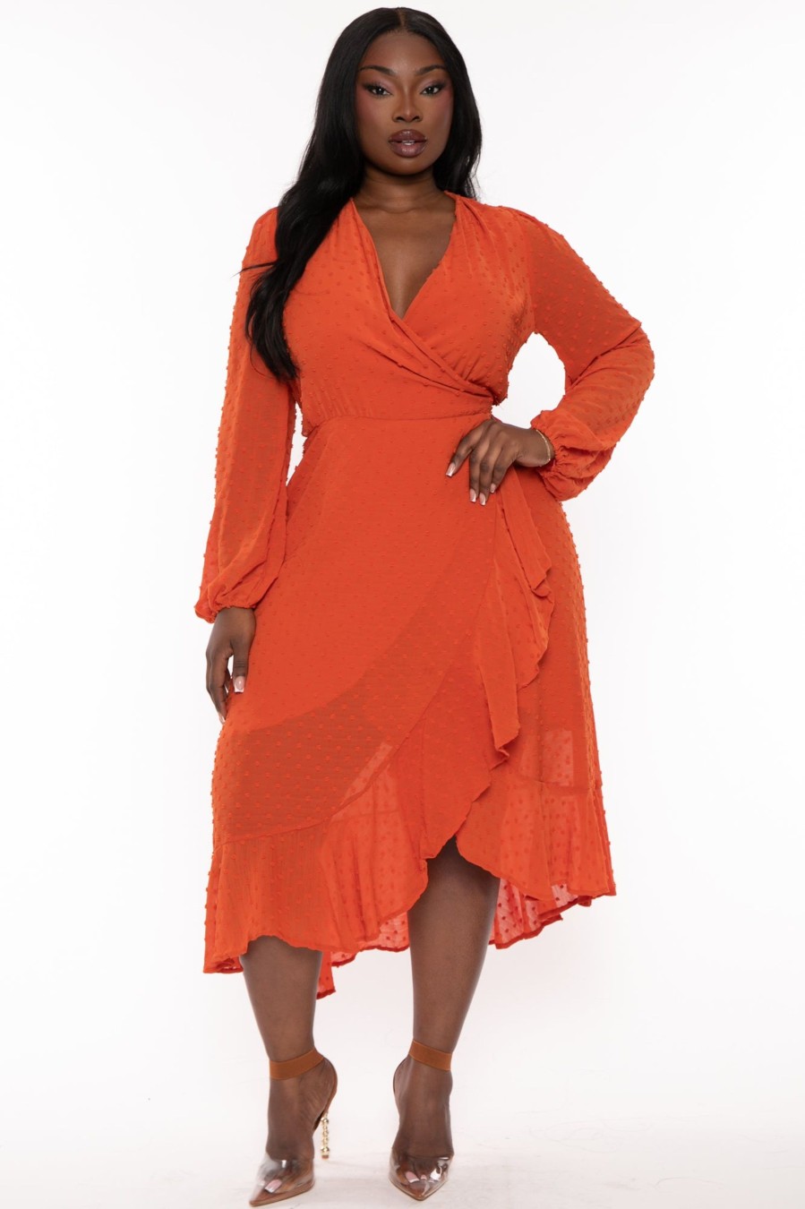 Dresses CULTURE CODE | Plus Size Swiss Dot Wrap Ruffle Dress Rust