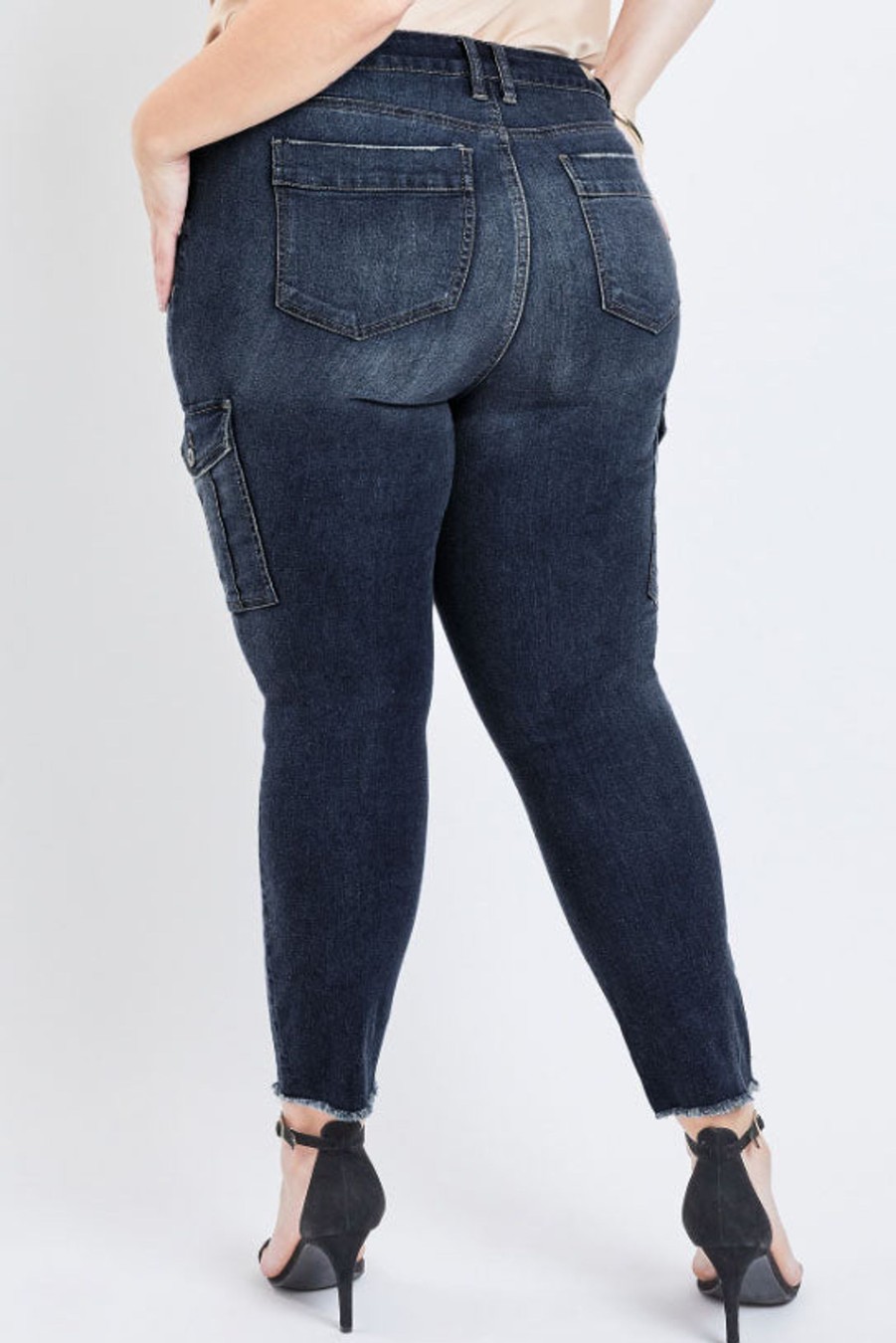 Jeans & Denim YMI | Plus Mid-Rise Ankle Cargo Pant W/Frayed Hem Dark Wash