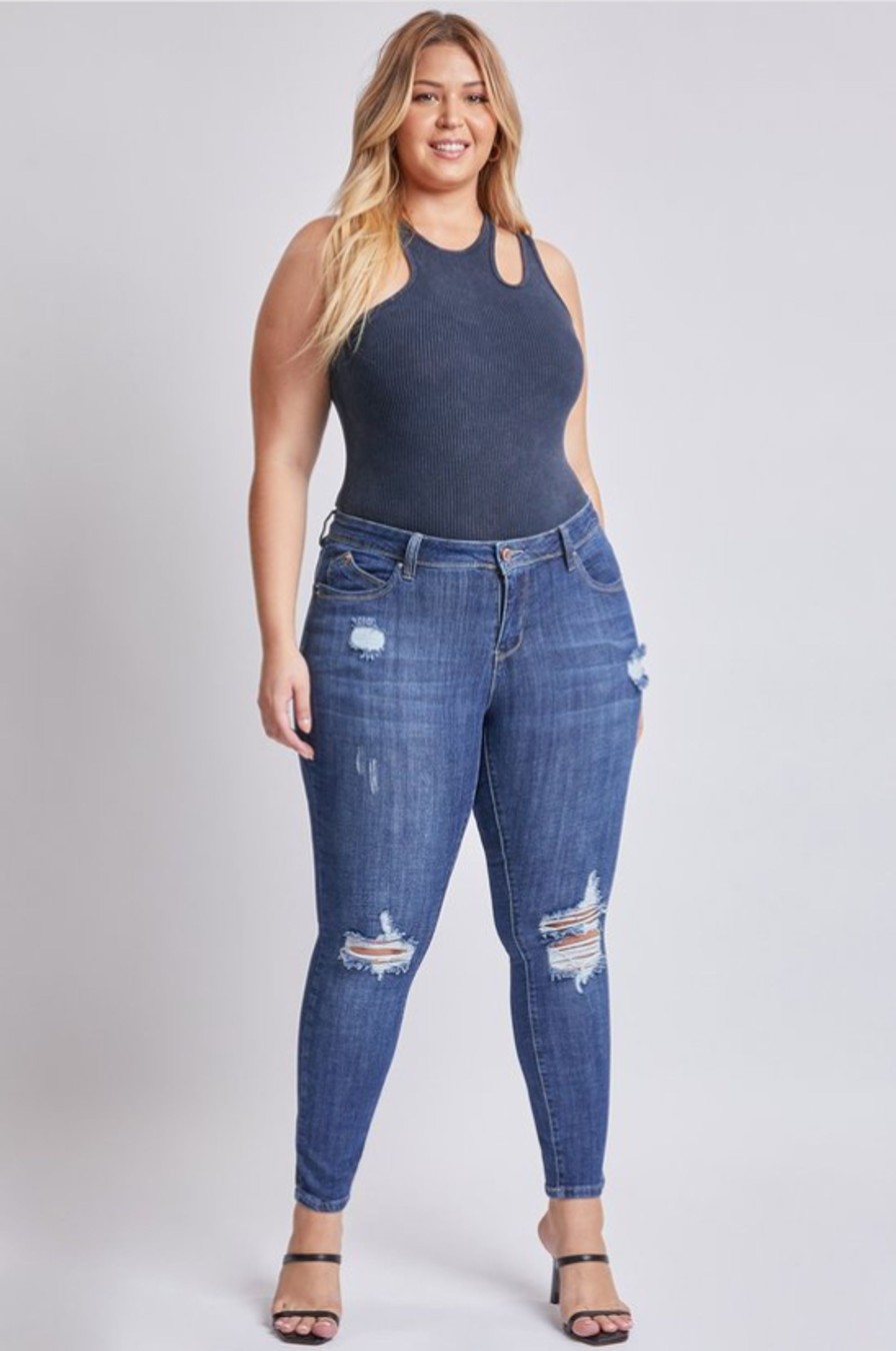 Jeans & Denim YMI | Plus Size Gotcha Mid Waist Ribbed Distressed Skinny Jean Dark Wash