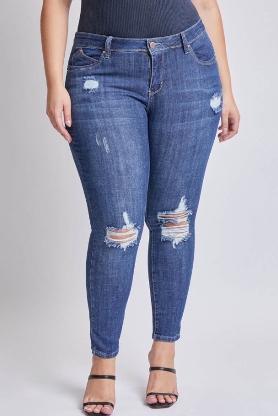 Jeans & Denim YMI | Plus Size Gotcha Mid Waist Ribbed Distressed Skinny Jean Dark Wash