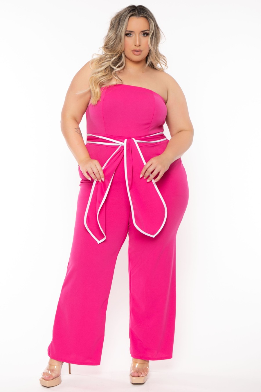 Jumpsuits & Rompers Curvy Sense | Plus Size Larisa Front Tie Jumpsuit Fuchsia