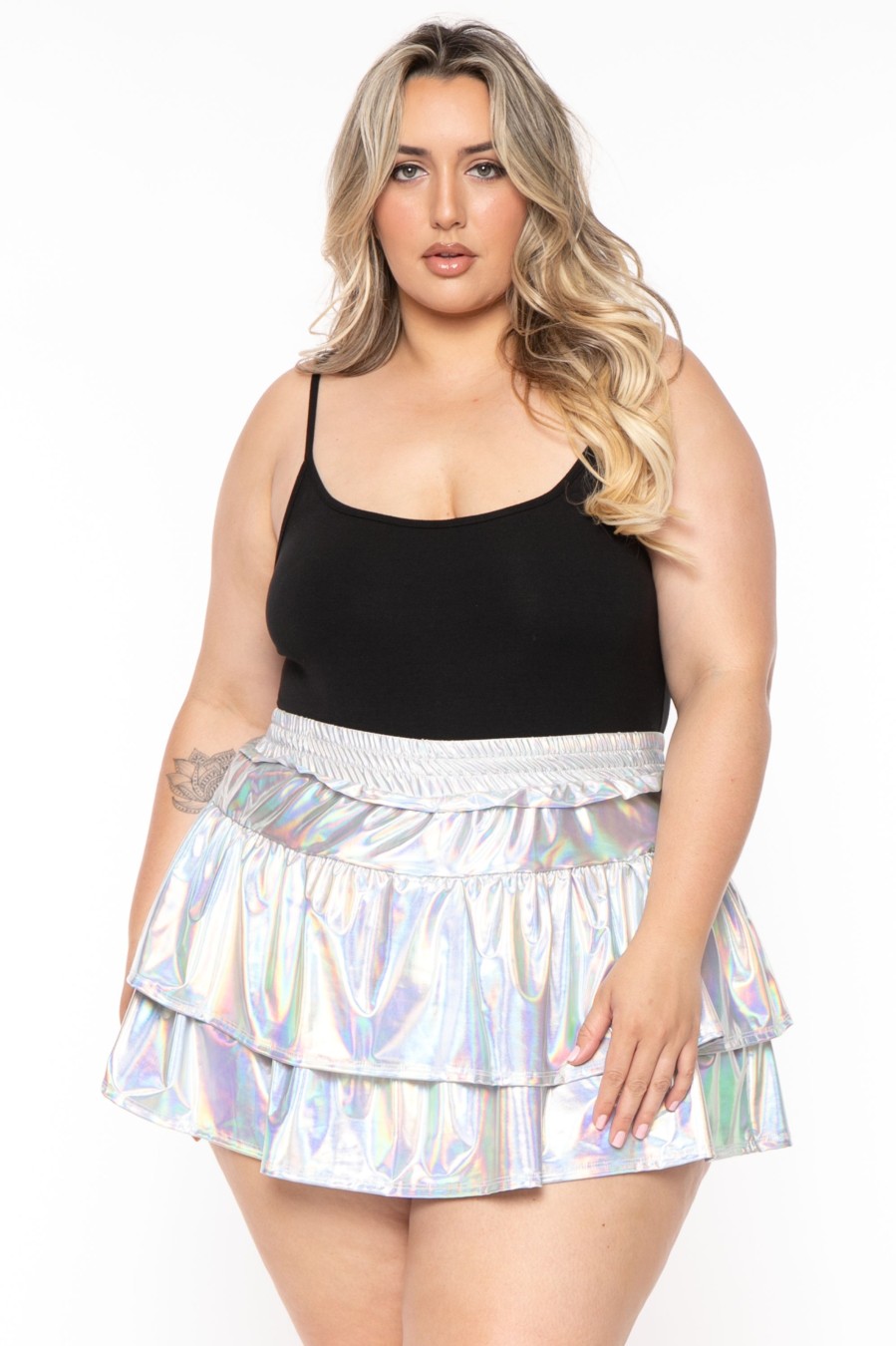 Bottoms Jade By Jane | Plus Size Metallic Tiered Mini Skirt Silver